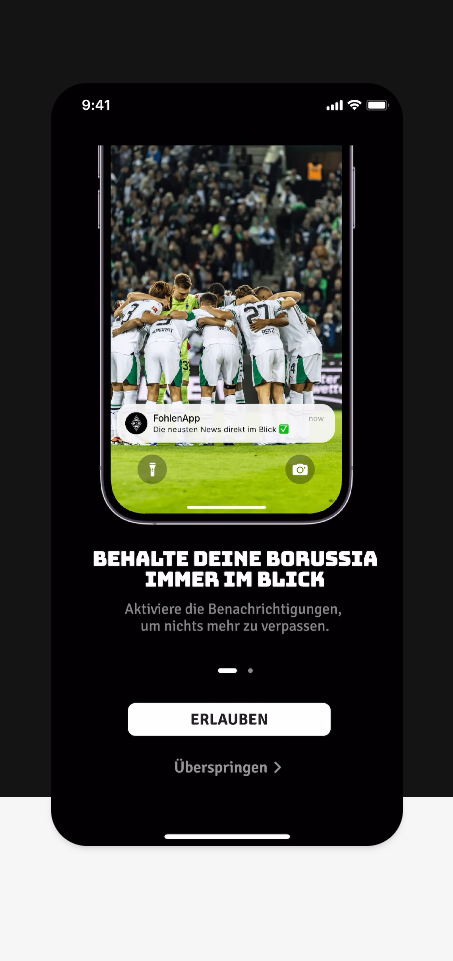 Screen der FohlenApp mit Feed-Inhalten. Eine Video-Karte läuft automatisch ab und zeigt keine Play- oder Pause-Steuerung.